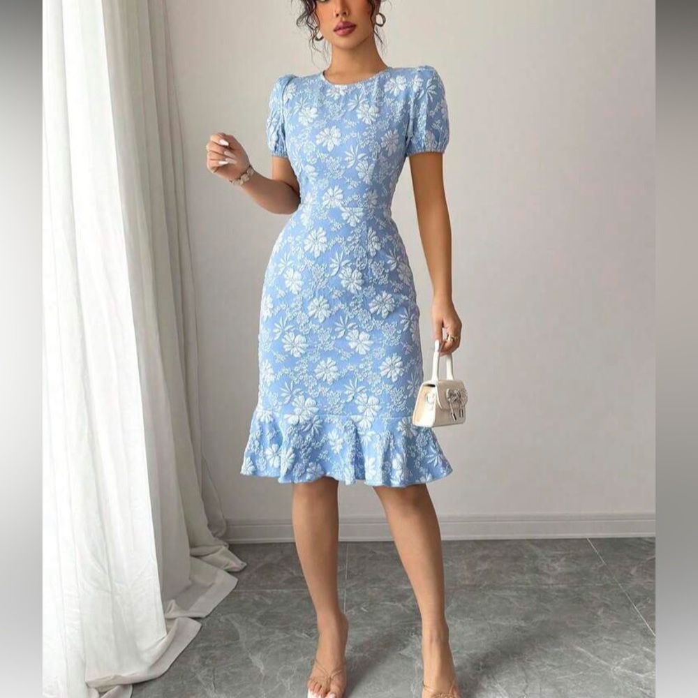 Blue Floral Ruffle-Hem Sheath Dress - Picture 5 of 5